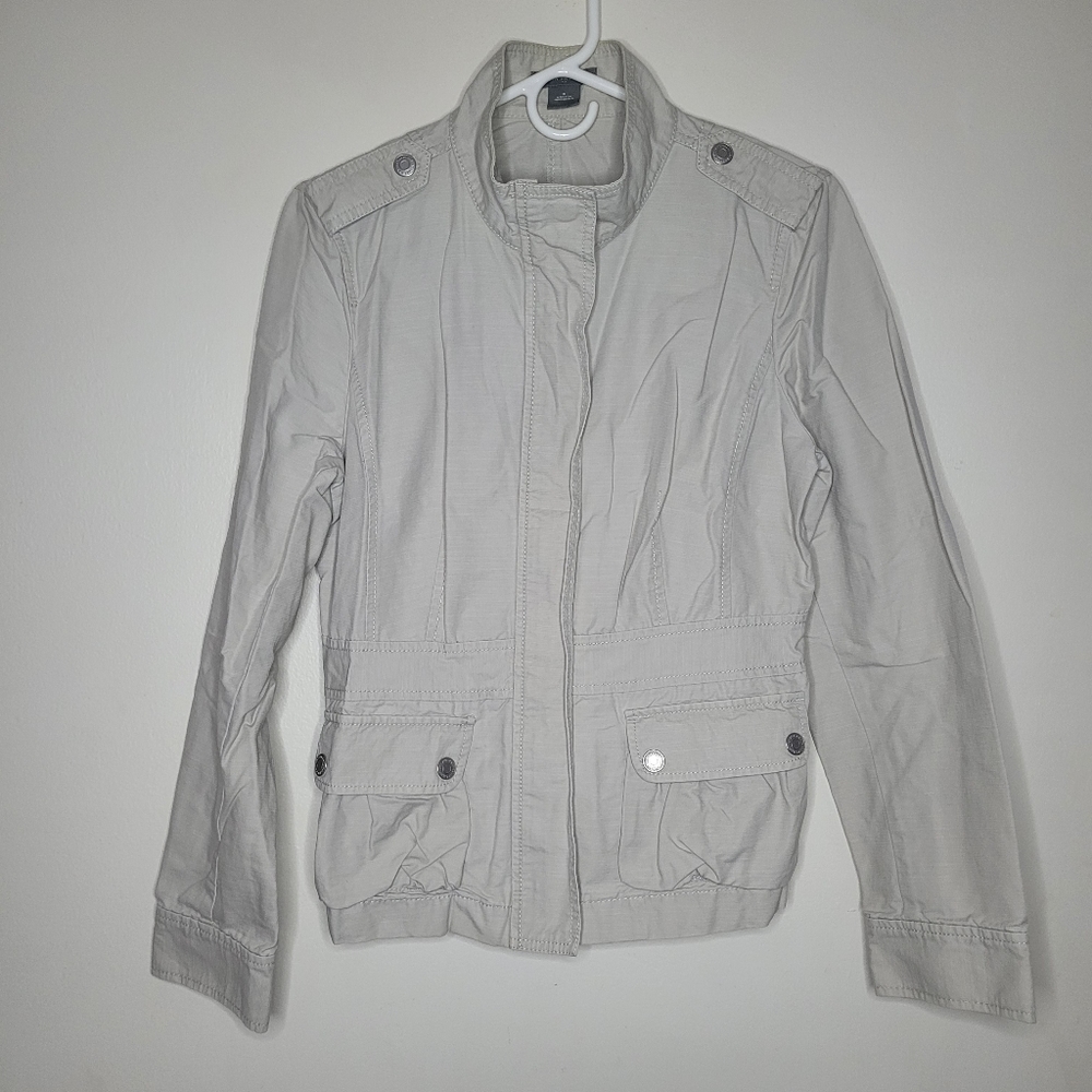 Ann Taylor Cargo Jacket Womens Beige Size 8 Lightweight Snap Button Full Zipper
